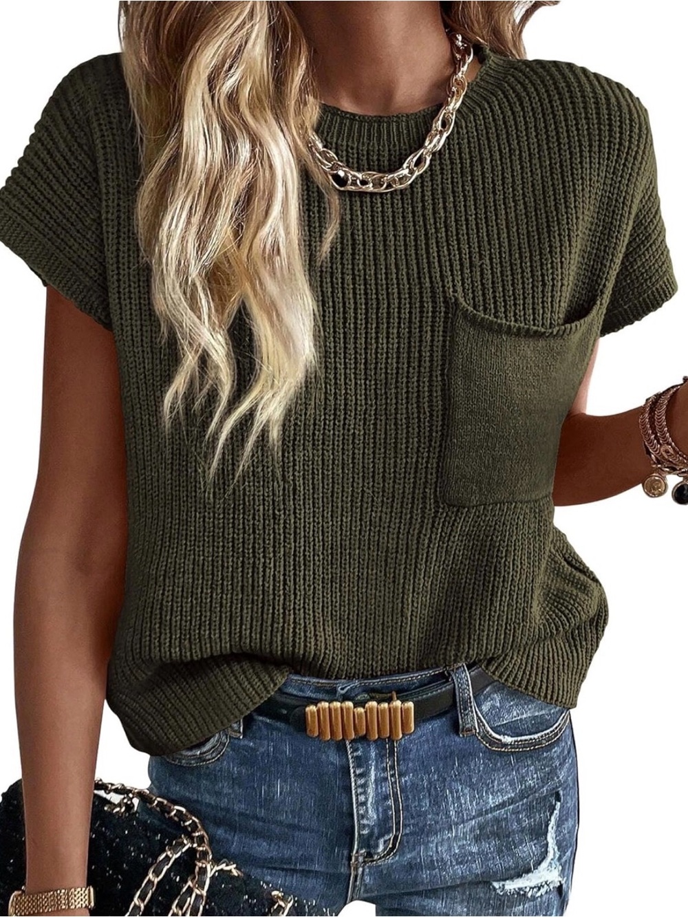 KIRUNDO Olive Knit Pocket Short Sleeve Sweater Top 100% Cotton Size S